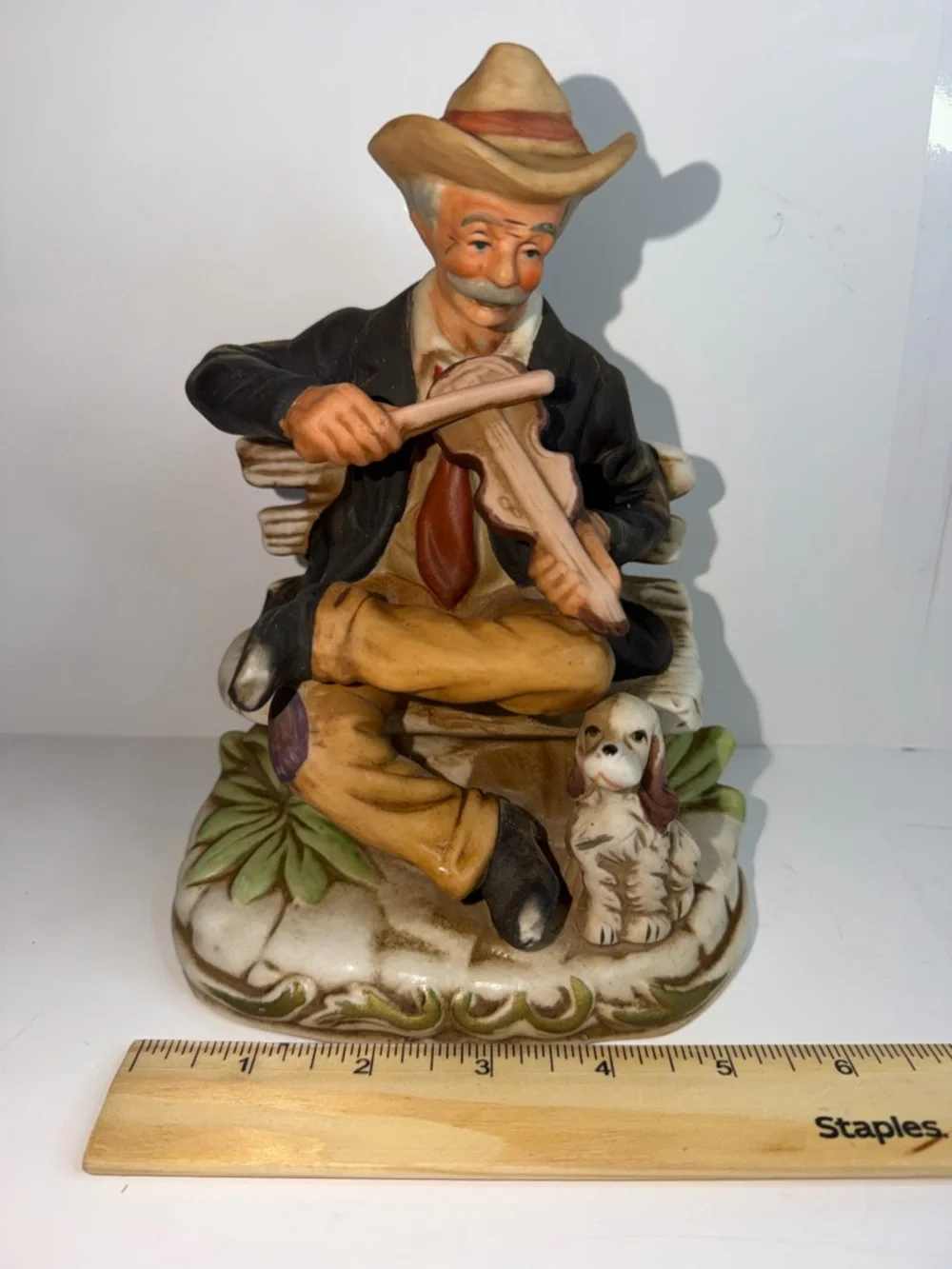 Vintage Porcelain Old Man Playing Fiddle Figurine with Dog on Bench - Picture 7 of 9